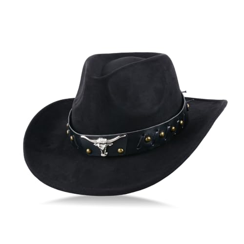 Unisex Wide Brim Black Cowboy Hat, Stylish Cowboy Hat for Men and Women for Outdoor Activities, Adjustable Fit Cowboy Hats with Elegant Black Band Great for Parties and Costumes