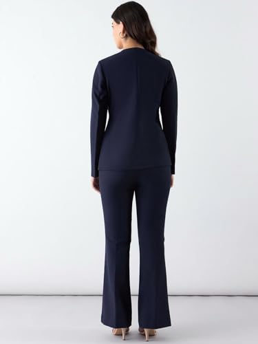 Image of Powersutra Women's Navy Blue Minimalist Regular Fit Blazer with Trousers in Stretchable Fabric | Casual Wear | Formal Suit | Single-Breasted Blazer with Collarless Neck & Button Closure for Office