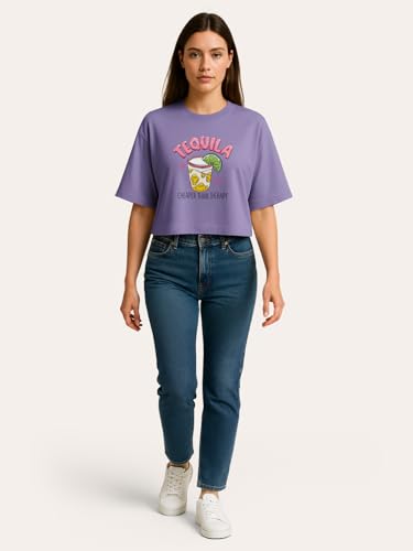 Image of HELLCAT Beige Printed Loose Fit Crew-Neck Crop T-Shirt for Women