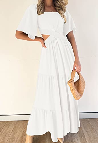 LEANI Women's 2025 Summer Cutout Maxi Dress Square Neck Short Sleeve Crossover Waist Casual Party Dresses3