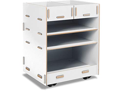 Modulor Kinder-Rollcontainer aus beschichtetem MDF, Schreibtisch Rollschrank (BxHxT: 38 x 49 x 34 cm) mit Zwei Schubladen und DREI Fächern, weiß