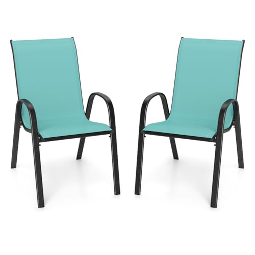 Image of Giantex Patio Chairs Set of 2, Stackable Outdoor Dining Chairs with Breathable & Quick-Dry Fabric & Armrests for All Weather, Lawn, Backyard, Poolside,Porch, Deck, 330 LBS Capacity (Turquoise Blue)
