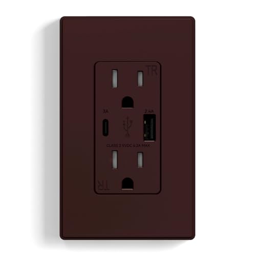 ELEGRP USB Wall Outlet USB A & C Ports 15 Amp Duplex Tamper Resistant Receptacle Plug NEMA 5-15R Wall Plate Included UL Listed Matte Brown