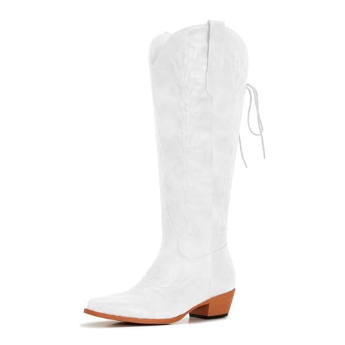 Image of Uillnoodu Wide Calf Cowboy Boots Women Knee High Tall Western Cowgirl Boots Adjustable Lace Up Plus Size Comfortable 2-Inch Heel