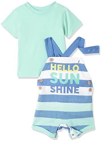 Image of miniklub Baby Round Neck Half Sleeve Thigh Length Knitted Cotton Dungaree Set, Pack of 2 (Aqua Color)