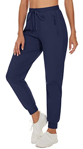 TACVASEN Sports Trousers Women Lightweight Casual Trousers Stretch Running Trousers Quick Dry Work Trousers with Zip Pockets Navy Blue