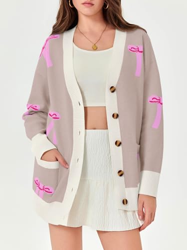 Saodimallsu Womens Oversized Cardigan Sweaters Bow Printed Button V Neck Long Sleeve Loose Knit Fall Trendy Coats2