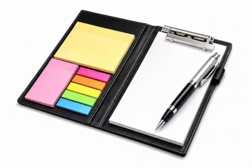 Image of AccuPrints Premium Leather Note Pad /Memo Book | 138 Pages | Size 19 x 11 cm | with Sticky Notes & Clip Holder with Pen for Gifting Multi Size Sticky Notes Diary Style