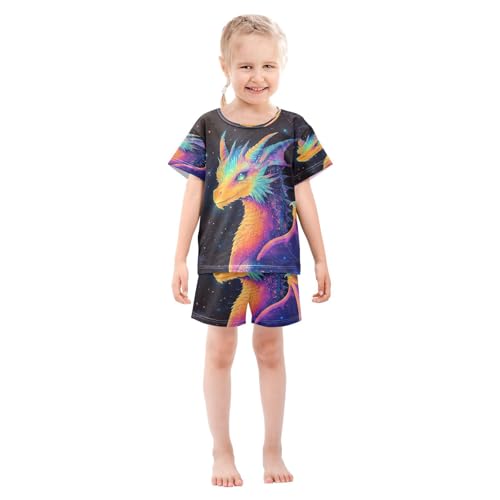 ALAZA Colorful Dragon Cute Stylish Pajamas Set Short Sleeve Cotton Sleepwear Summer Pjs 2 Piece 5-14Y3