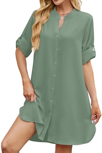 Image of PerZeal Womens Sexy V Neck Button Down Shirt Dresses Summer Short Sleeve Casual Loose Blouses & Button-Down Shifts Cover Ups