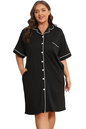 Image of Vozanet Women Button Down Nightgown Plus Size Nursing Nightshirt Boyfriend Nighty Bridal Sleepdress with Pockets XL-5XL, Short Sleeve/Black, 3X-Large