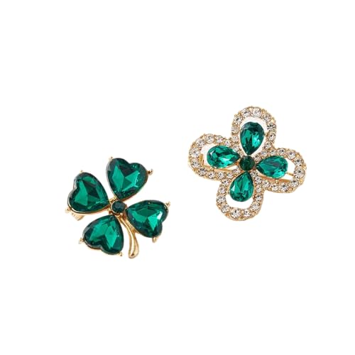 Image of Rhinestone Clover Leaf Brooch Pin, Green Four Leaf Clover Pin Shamrock Lapel Pin, Gold Plated Vintage Crystal Flower Brooches