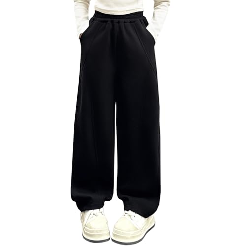 Baggy Sweatpants for Kid Girls Elastic High Waist Seam Front Wide Leg Athletic Pants with Pockets 5-14 Years