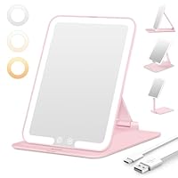 Auxmir Rechargeable Travel Vanity Mirror, Portable Makeup Mirror, 3 Color Lighting, Dimming Touch Screen, Folding Rotating Lighted Beauty Mirror with Stand for Home, Travel(Pink)