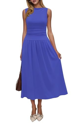 Image of Womens Summer Casual Midi Maxi Dress 2026 Sleeveless Ruched A Line Flowy Cocktail Wedding Guest Beach Long Sundress
