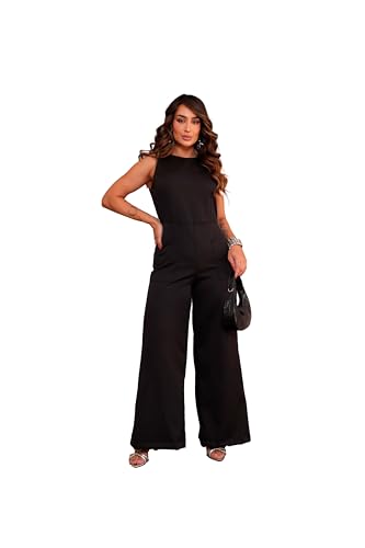 Macacão Longo Alfaiataria Com Zíper E Botão Social Pantalona (Preto, M)