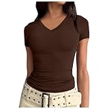 Camiseta de manga corta con cuello frío para mujer, básica, casual, color liso, ajustada, para mujer, de manga larga, marrón, S