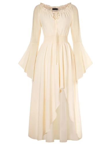 SCARLET DARKNESS Mittelalter Kleid Damen Schulterfrei Glockenärmel 2026 Sommerkleid Elegante Maxikleid für Hochzeit Aprikose L