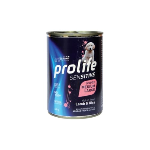 Prolife - Alimento completo para perros y cachorros de todas las tallas, sabor cordero y arroz, 6 latas de 400 g cada una