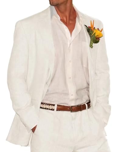 Mens Suit 2 Piece Linen Suit for Men Slim Fit Summer Beach Wedding Prom Tuxedos Suits Casual Linen Blazer Pants Set