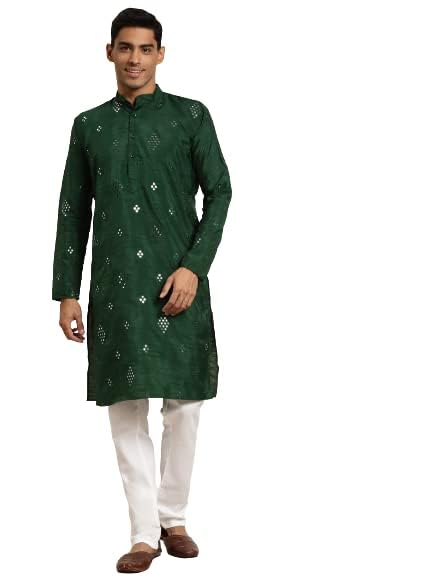 Image of SOJANYA (Since 1958 Men's Cotton Blend Navy Blue & Black Printed Kurta & White Churidar Pyjama Set