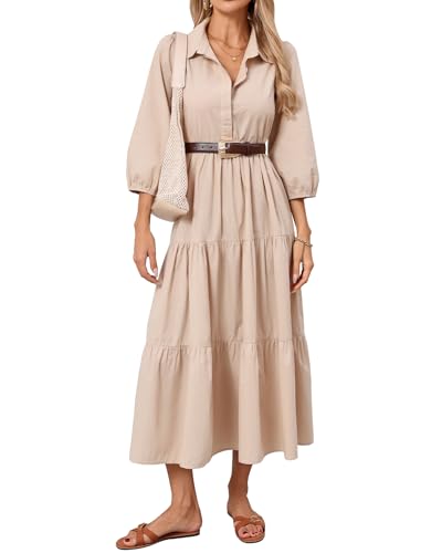 Image of Women Button Down Maxi Shirt Dress Long Sleeve Flowy Tiered Collared Dresses with Pockets
