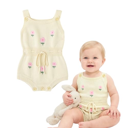 Simplee kids Baby Girl Romper, Floral Embroidery Square Neck, Beige, 12-18M