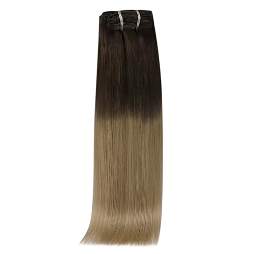 Image of YoungSee Ombre Clip in Human Hair Extensions Chocolate Brown Roots to Caramel Blonde Clip on Hair Extensions for Women Brown Ombre Human Hair Extension Clip ins Rmey Hair 14in 7pcs 120g