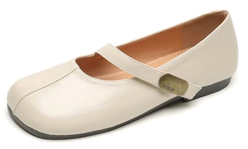Niction Women's Mary Jane Shoes Round Toe Comfortable PU Leather Slip on Ballet Flats Adjustable Strap Soft Work Dress Ballerina Walking Shoes