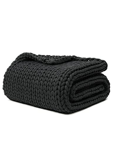 YnM 100% Cotton Weighted Blanket, Handmade Chunky Knitted Throw, No fillers Design, Soft and Breathable, Machine Washable Bed Blanket for Sleep or Home Decor (Dark Grey, 43x50 Inch, 10lbs)