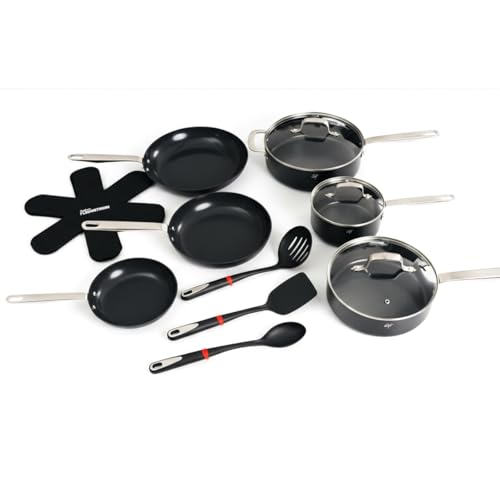 Guy Fieri's Flavortown 15-Piece Ceramic Cookware Set, Nonstick Pots and Pans for Cooking, Induction Compatible (Black, 15-Piece, Induction-compatible)