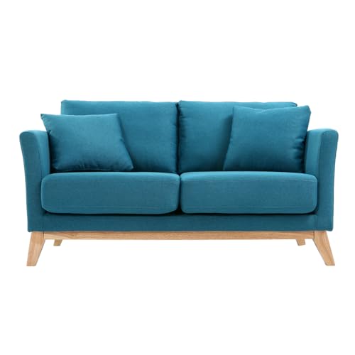 Miliboo Canapé scandinave déhoussable 2 Places en Tissu Bleu Canard et Bois Clair Oslo