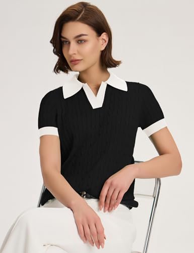 Image of Micoson Womens Short Sleeve Sweater Tops Lapel V Neck Polo Shirts 2026 Summer Cable Knit Loose Blouse Business Casual Outfits