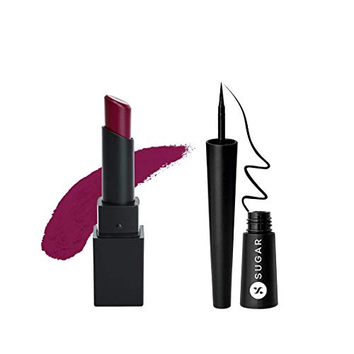 SUGAR Cosmetics Nothing Else Matter Longwear Lipstick - 08 Berry Picking (Berry) with Gloss Boss 24HR Eyeliner - 01 Back In Black (Black), 50 g (Pack of 2)