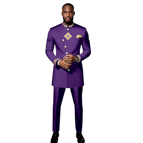 SEA&ALP African Suit for Men Dashiki Embroidery Print Slim Suit and Pants Set Wedding Party Casual Outfits