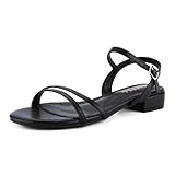 Shoe'N Tale Strappy Heels for Women Chunky Block Low Short Round Open Toe Ankle Strap Heels for Women Dressy Heeled Sandals(7,Black)