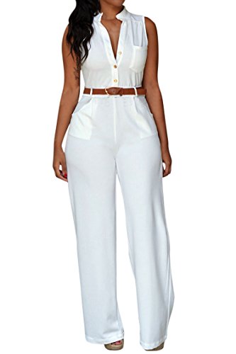 Pink Queen Womens Jumpsuits White Sleeveless Button Long Jumpsuits Rompers, White ,Large