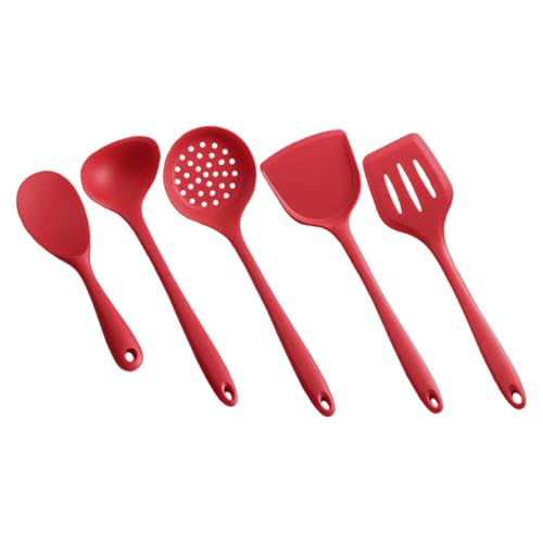 DINHEAROM Juego de 5 Utensilios de Cocina de Silicona Roja, Moldeado Integral, Flexibles y Elásticos, Ideales para Cocinar y Servir Resistencia al Calor