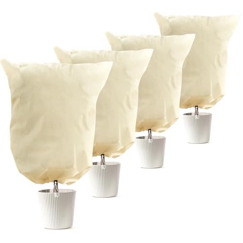 LCGOD Funda para Plantas 60x80cm/4 piezas,Cubierta Protectora Antiheladas 80gsm con Cordón Ajustable, Protección contra Frío, Nieve y Viento para Plantas en Macetas, Arbustos Pequeños