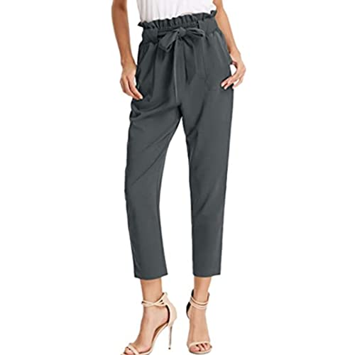 Maiyifu-GJ Women's High Waist Paper Bag Pants Solid Self Tie Belted Pencil Trouser Casual Drawstring Long Pants with Pocket (Dark Grey,Small)