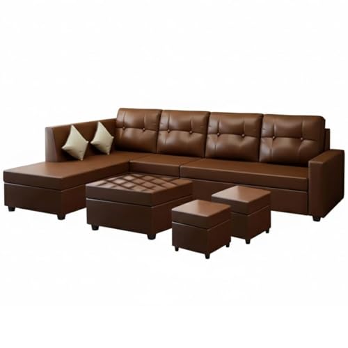 Image of FURNY Nathan 8 Seater Leatherette LHS L Shape Sofa Set with 1 Centre Table & 2 Puffy (Brown) Premium Finish | Durable Comfort | Ideal for Living Room