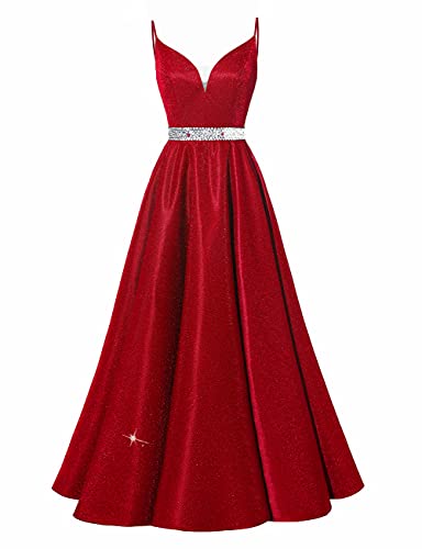 Yexinbridal Glitter Prom Dress Long V-Neck Spaghetti Beaded Belt Formal Evening Ball Gowns 2023