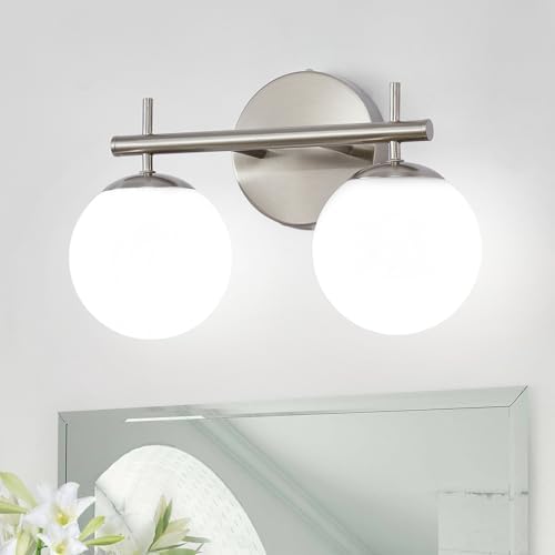 2 Lights Bathroom Light Fixtures, Brushed Nickel Bathroom Vanity Lights with Milky White Frosted Glass Shade, Mid Century Modern Vanity Lights for Bathroom Over Mirror (Exclude G9 Bulb)