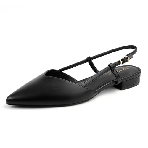NIEARDAN Slingback Flats for Women Closed Pointed Toe Buckle Strap Dress Shoes Elegant Ballet Flats Low Heel Walking Wedding Party Size 06Black