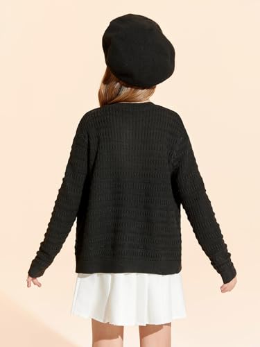 Image of Haloumoning Girls Button Down Cardigan Jackets Kids Long Sleeve Cable Knit Sweaters 5-14 Years Black