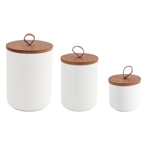 YYW Kitchen Canister Set for Countertop Set of 3, 9/28/45 oz Ceramic Food Storage Containers with Airtight Wood Lids, Food Saver Jars for Coffee, Tea, Candy, Flour(Three-piece suit in white)