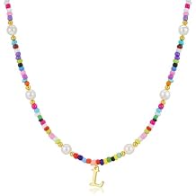 M MOOHAM Initial Necklaces for Women Girls - Colorful Beaded Initial Letter A-Z Necklaces for Women Girls Teens Kids Toddlers Jewelry, Beaded Pearl Choker Necklace Letter Necklace Birthday Gifts