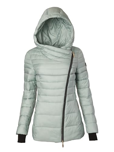 TUMI Women's Asymmetrical Zip Cowl Neck Quilted Midweight Puffer Coat with PrimaLoft Fill - Nylon Puffer Coat