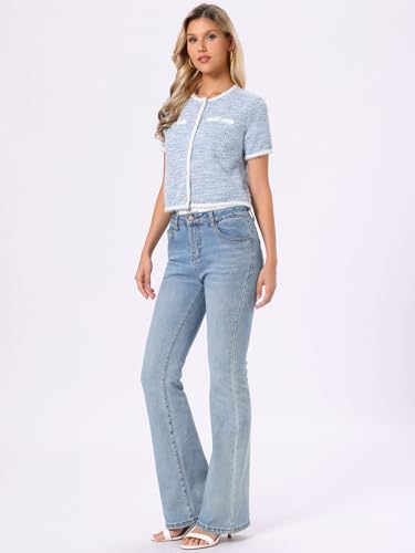Image of Allegra K Short Sleeve Tweed Jacket for Women Summer Crew Neck Button Front Cropped Cardigan