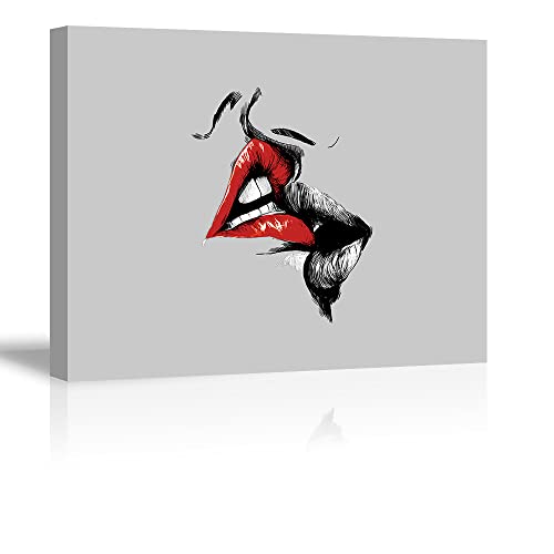 Tku's Abstract Sketch Red Lips Kiss Canvas Wall Decor Art Lover Painting Black White and Gray Love Picture Romantic Home Decoration for Bedroom, Small Size (Ready to Hang)